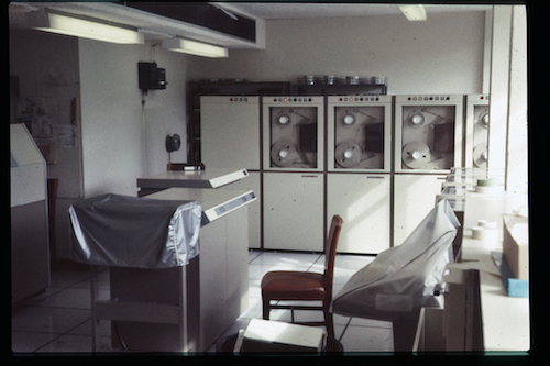 The main Computer Room in the Llandinam Building in its early days, showing the magnetic tape drives. The room became Graphics Room E54a