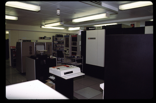 The Honeywell 6080 central processor in the second Computer Room E53, still in use as the main Computer Room