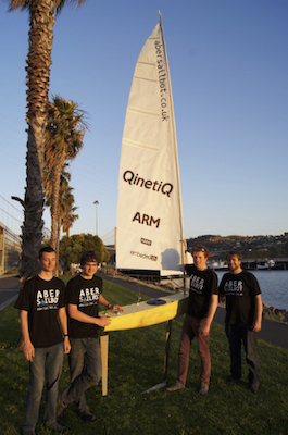 The AberSailbot Student Robotic Sailing team at the International Robotic Sailing Regatta in Vallejo, California with their boat Kitty. June 2014